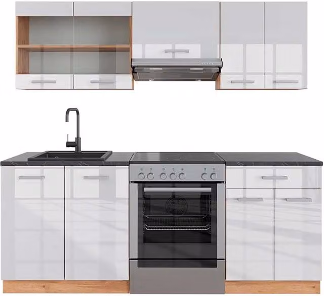Cucina componibile moderna R-Line Vicco, Bianco lucido e Rovere dorato con piano Antracite, L: 200 cm – 1