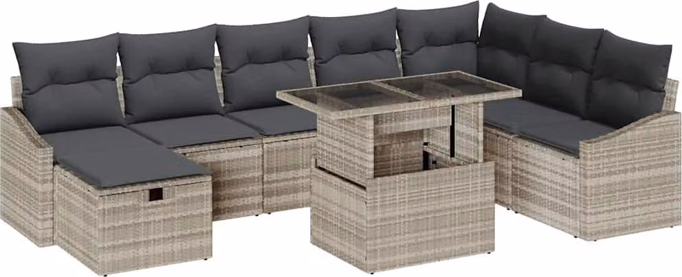 Set Divano da Giardino 9 pcs Grigio chiaro Poly Rattan