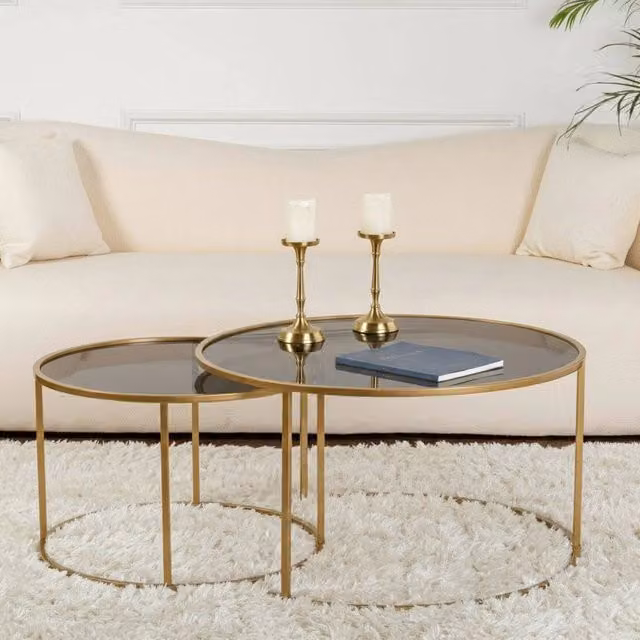 Set di 2 Tavolini da Salotto Aedion DMORA, Design Moderno con Piano in Vetro Trasparente, Colore Oro e Bronzo, L/P/H: 80 x 80 x 43 cm
