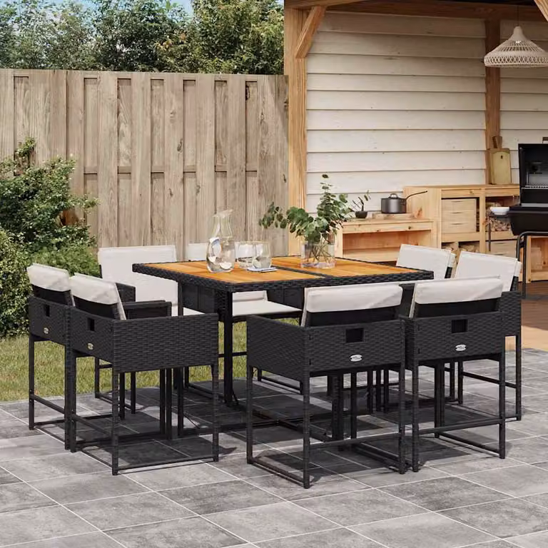 vidaXL Set da Pranzo da Giardino 9 pz in Polyrattan e Legno di Acacia con Cuscini Nero e Bianco