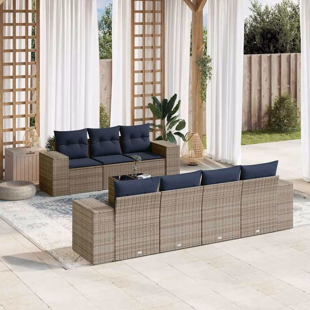 Set da giardino vidaXL in polyrattan composto da 8 pezzi con cuscini grigi e blu e tavolino coordinato