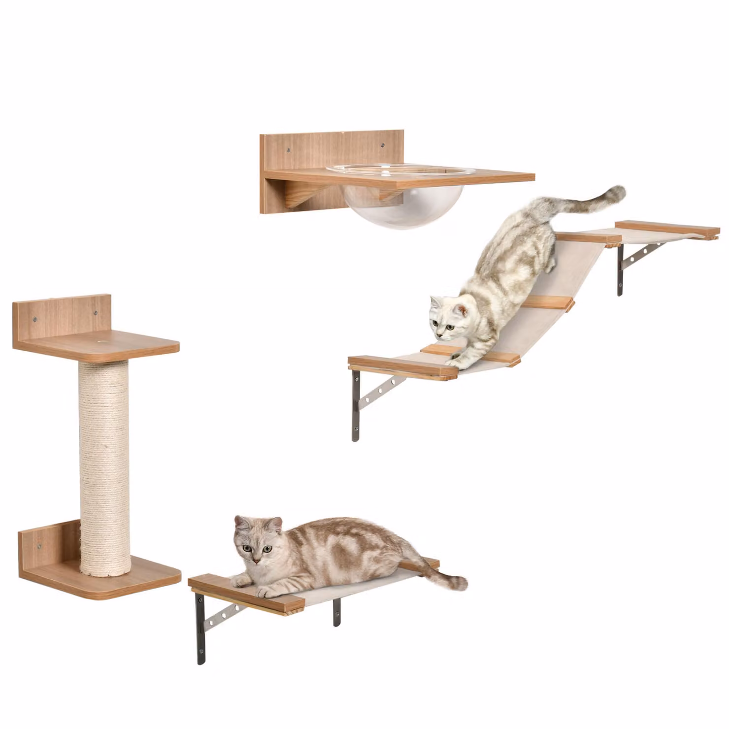 Set parete di arrampicata per gatti AIORBER con tiragraffi, scala per gatti e amache, robusto sistema di arrampicata e gioco per gatti attivi, marrone chiaro