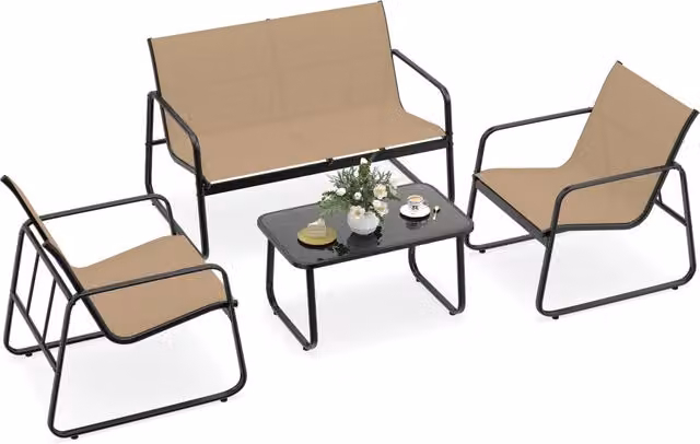 Set da conversazione da esterno con tavolino in vetro temperato e telaio in metallo marrone per giardino, balcone o terrazza