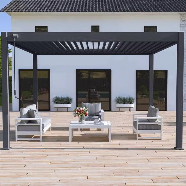 Pergola bioclimatica autoportante Ombréa VS con tenda, colore Antracite, L: 300 cm, P: 400 cm, H: 257 cm