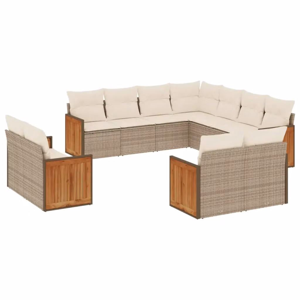 vidaXL Set Divani da Giardino 11 pz in Polyrattan con Cuscini Beige e Struttura in Legno di Acacia – 2