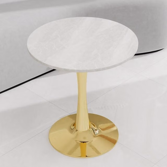 Tavolino basso rotondo OKWISH in marmo artificiale bianco e oro, stile moderno per soggiorno, L/P/H: 77.5 x 77.5 x 15.5 cm