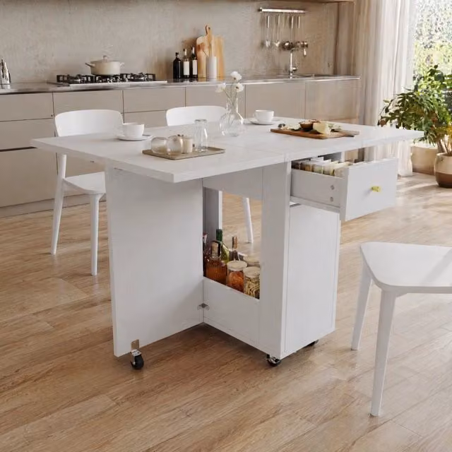 Tavolo da pranzo pieghevole MODFU bianco e oro con ruote e ripiano in MDF L: 120 cm, P: 75 cm, H: 75 cm