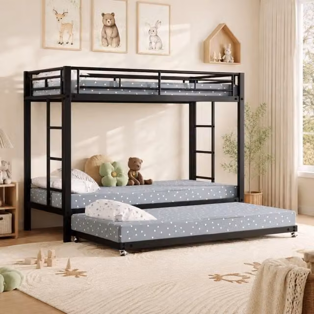 Letto a castello 90x200 cm in metallo nero con letto estraibile e sponde alte