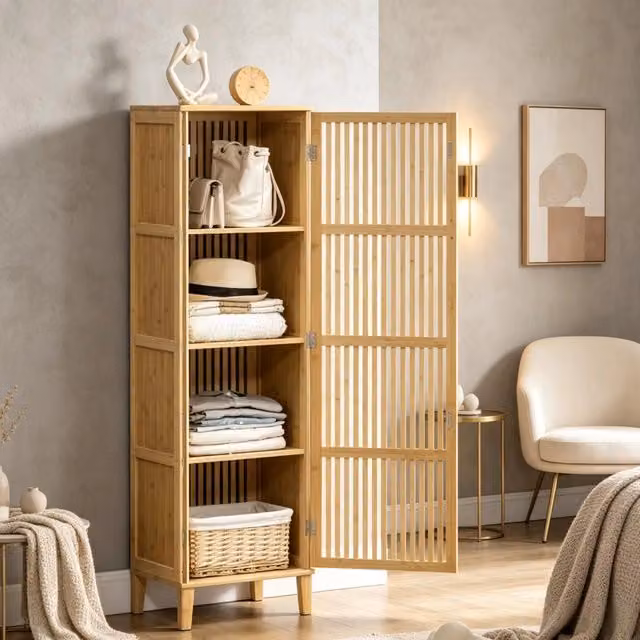 ARMADIO Portaoggetti REDOM in Bambù Beige con Ante a Battente e Ripiani Interni L/P/H: 40 x 30 x 140 cm