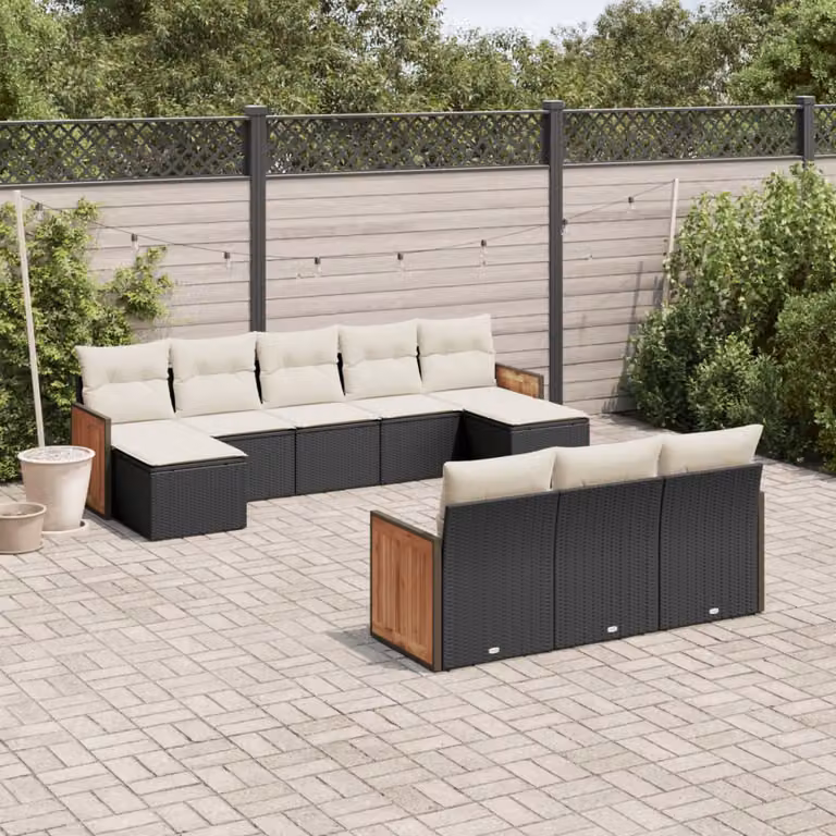Set di divani da giardino vidaXL a forma di U composto da 10 pezzi con cuscini bianchi e struttura in rattan e legno di acacia nero
