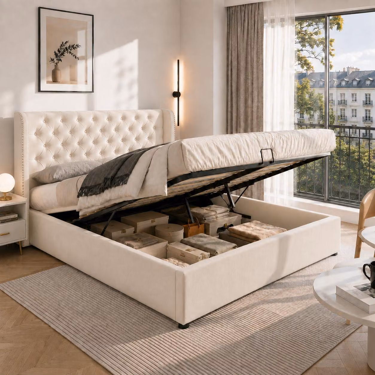 Letto imbottito 140 x 200 con rivestimento in velluto e contenitore a sollevamento idraulico – Letto matrimoniale con testiera, dettagli a bottoni e rete a doghe, letto contenitore color beige