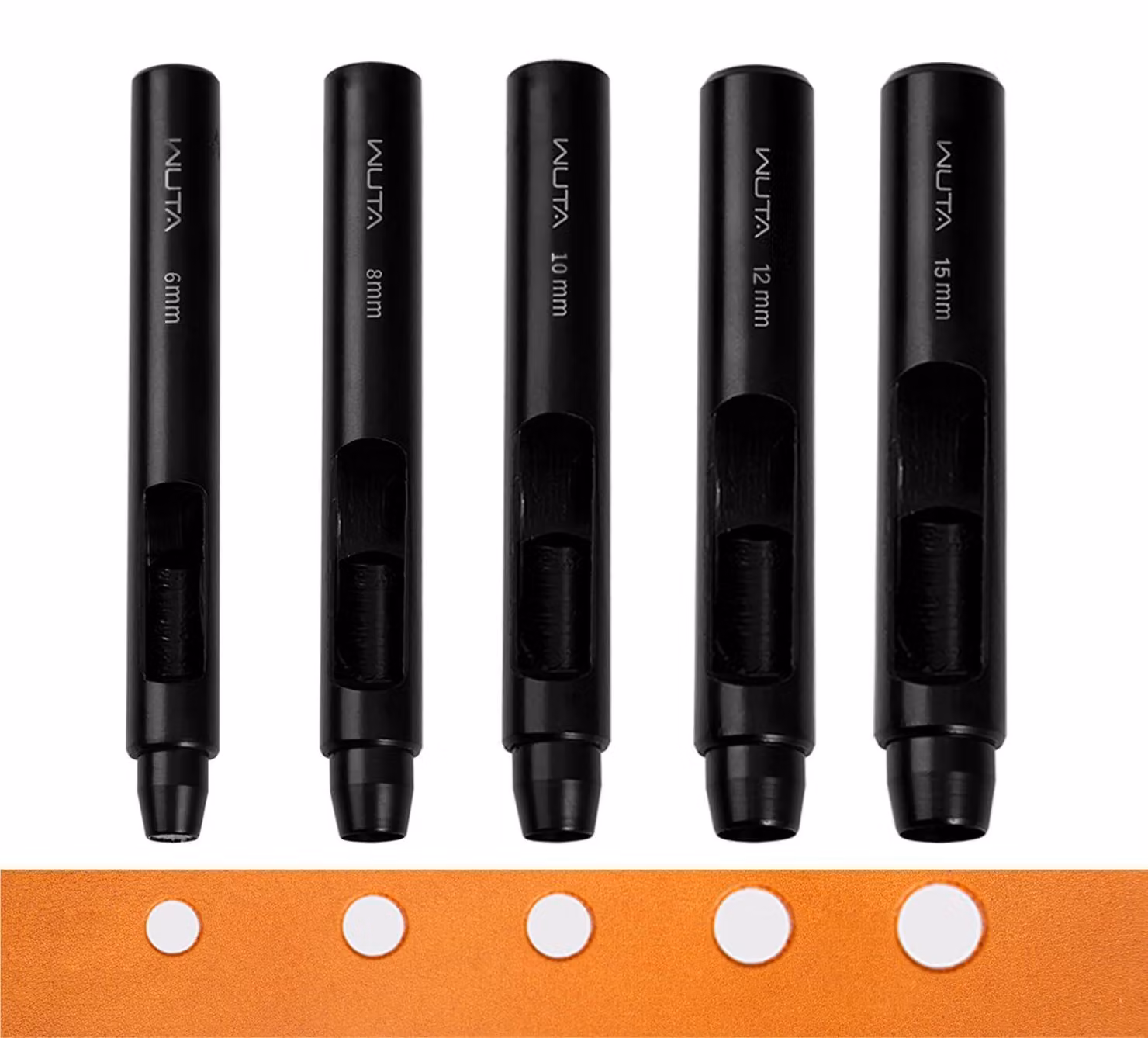 Set di punzoni circolari, 5 pezzi, per la creazione di fori in cinturini per orologi e guarnizioni in pelle, diametri: 6, 8, 10, 12 e 15 mm, colore nero