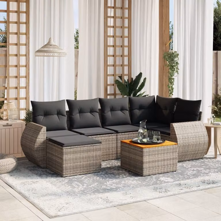 Set di divani da giardino vidaXL in polyrattan grigio con cuscini, componibile a forma di L per esterno