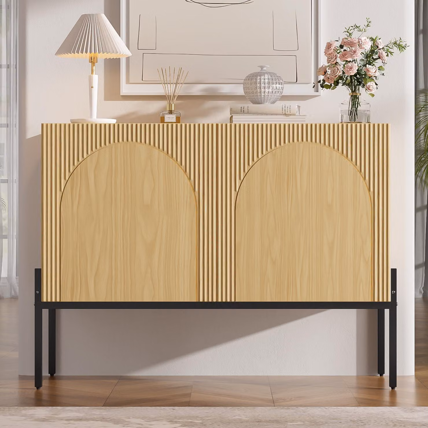 Mobile contenitore da 100 cm con 2 ante, colore naturale, realizzato in pannello truciolare al 100%, con gambe in metallo e design ad arco, ideale per soggiorno, sala da pranzo o ingresso