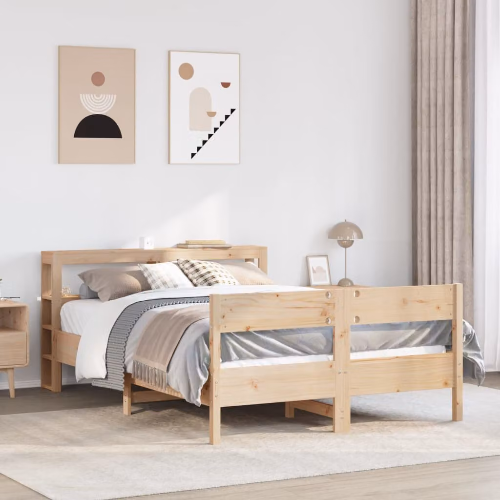 Letto vidaXL in legno massello di pino marrone con ripiani laterali L/P/H: 200 x 140 x 82 cm – 1