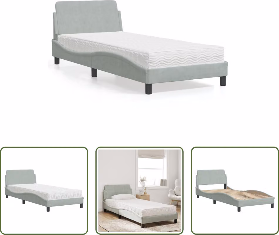 The Living Store Letto con materasso grigio chiaro 90x200 cm in velluto