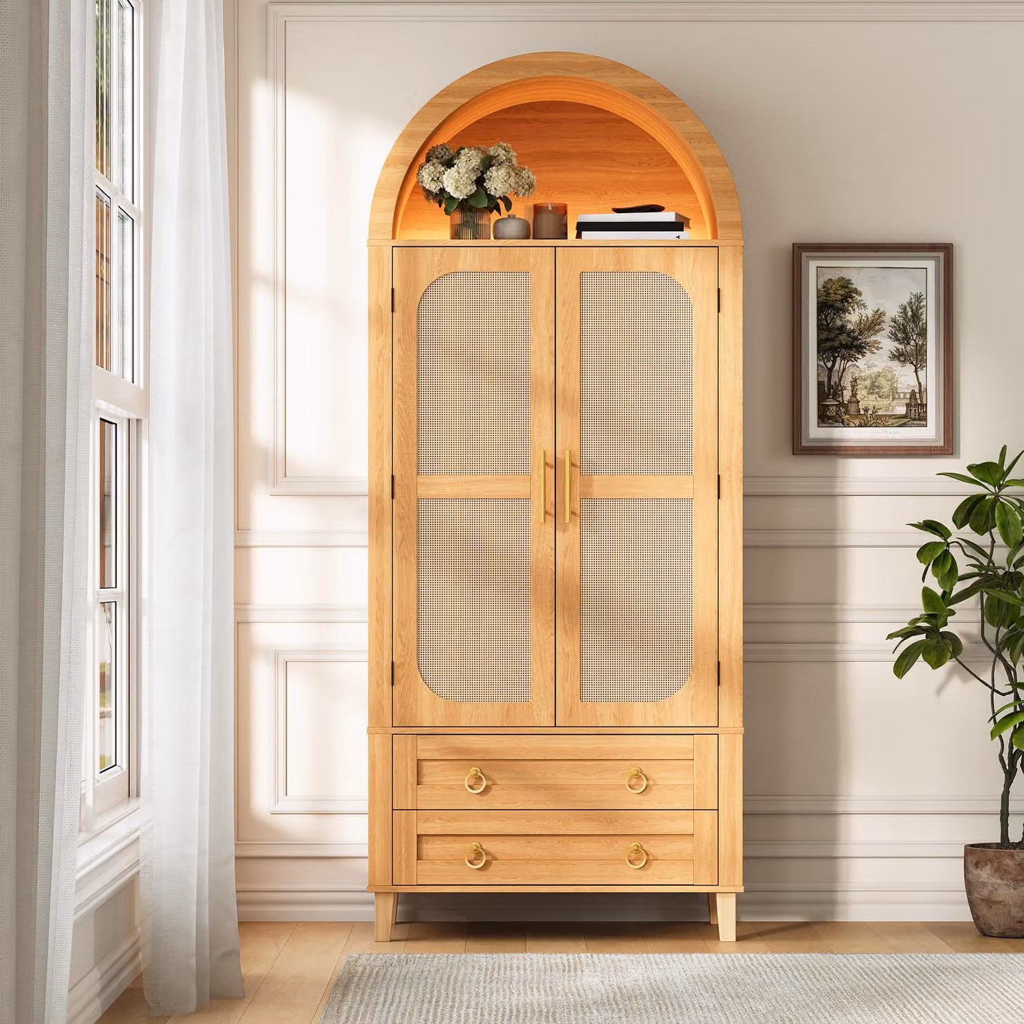 Armadio alto per ufficio dal design moderno con frontale in rattan, illuminazione LED controllabile tramite app, 2 cassetti, organizer per ante, maniglie in stile vintage e finitura naturale