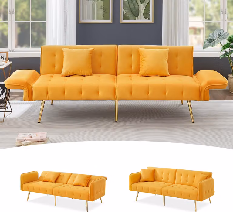 MODFU Divano multifunzionale 2 in 1 a due posti Divano relax con schienale e braccioli regolabili, divano letto pieghevole con funzione letto e rivestimento in velluto, giallo