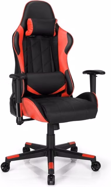 Sedia da gaming ergonomica girevole a 360 gradi con poggiatesta e cuscino lombare, modello sportivo in ecopelle nero e rosso – 1