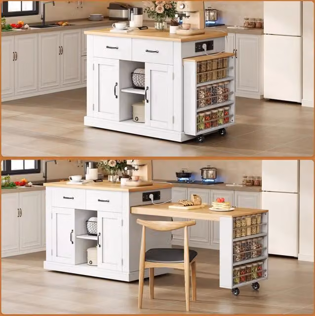 Isola cucina mobile con tavolo estraibile; pannello truciolare FSC; 7 ruote; bianco e legno; 132 x 60 x 93 cm