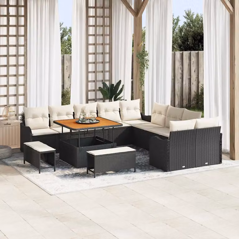 Set Divano da Giardino vidaXL 13 Pezzi a Forma di U con Cuscini Nero e Beige