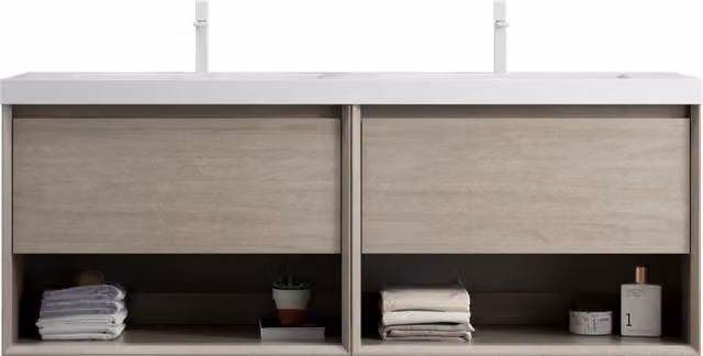 Mobile bagno sospeso moderno in legno rovere con doppio lavabo integrato in resina, 2 cassetti e 2 ripiani aperti, L: 140 cm, P: 46 cm, H: 60 cm – 1