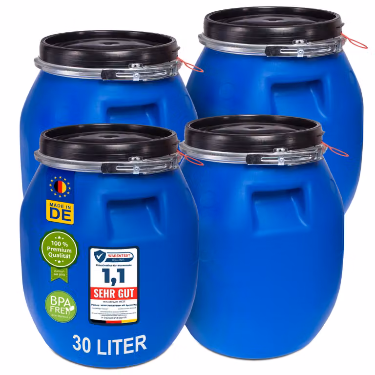 plasteo® 4 pezzi 30 litri barile con coperchio a collo largo barile di alimentazione barile di plastica barile di stoccaggio barile da campeggio barile da trasporto barile mash tun barile da pioggia ermetico