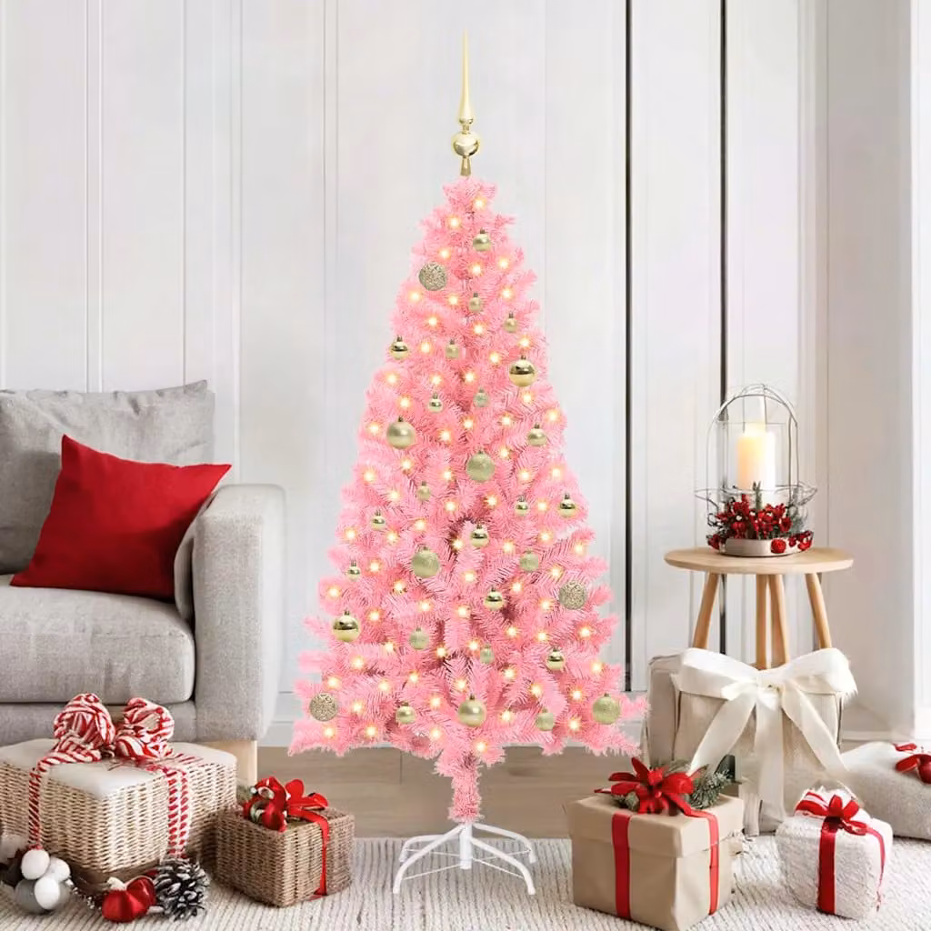 Albero di Natale rosa vidaXL con luci LED bianco caldo e decorazioni in PVC, Altezza: 150 cm