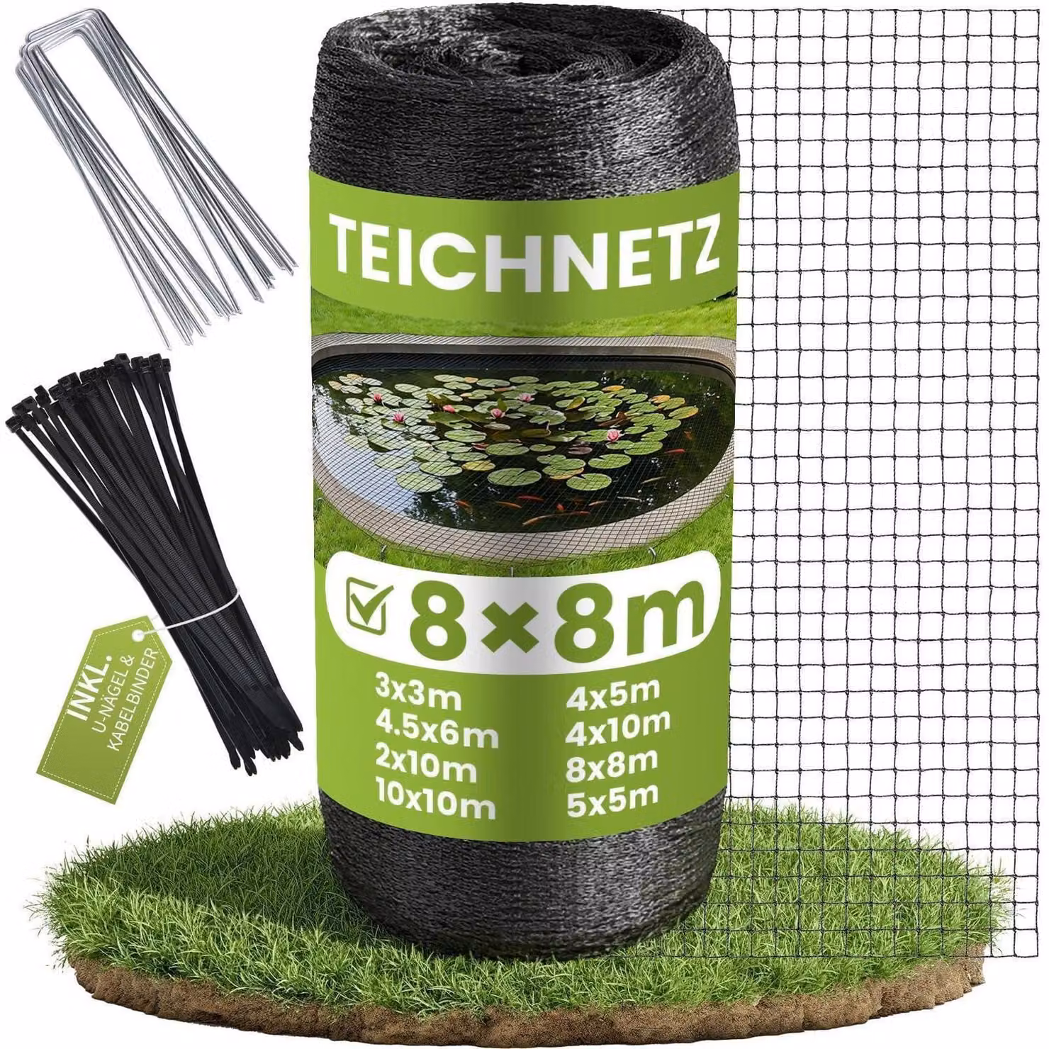 Rete per laghetto a maglia fine, 8x8 metri, con rete protettiva per uccelli. Include chiodi a U e fascette