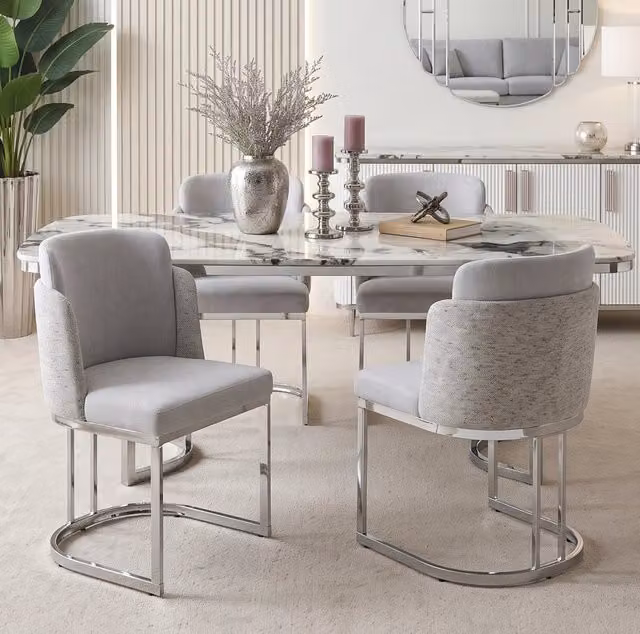 Set di 2 sedie in ciniglia con schienale doppio e gambe in metallo galvanizzato; grigio e argento
