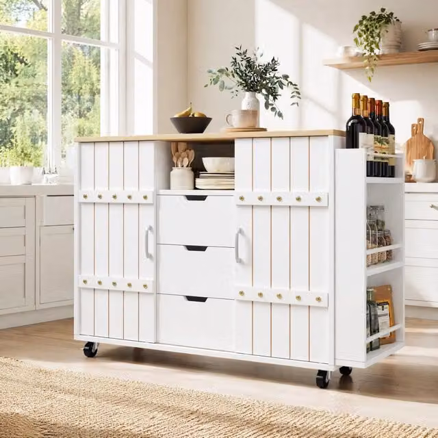 ISOLA PER CUCINA 110x42x90 cm Bianca con piano ribaltabile e ante scorrevoli