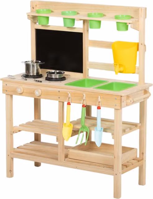 Cucina Giocattolo da Esterno in Legno AIYAPLAY con Lavello e Utensili in Acciaio Inossidabile, Colore Naturale/Bianco/Marrone – 1