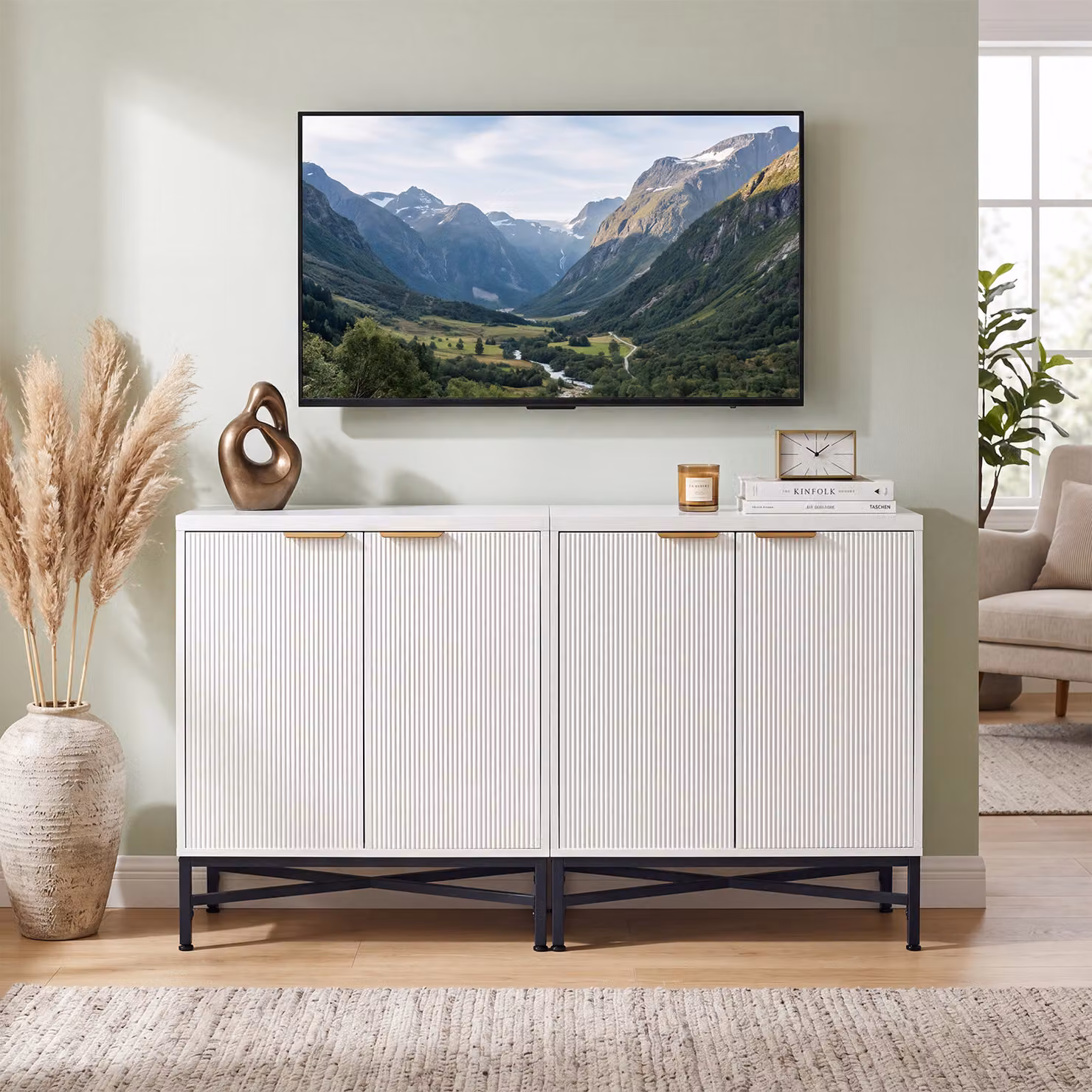 Credenza da cucina moderna Costway con 2 ante e ripiani interni in legno e metallo, mobile buffet bianco per salotto o corridoio