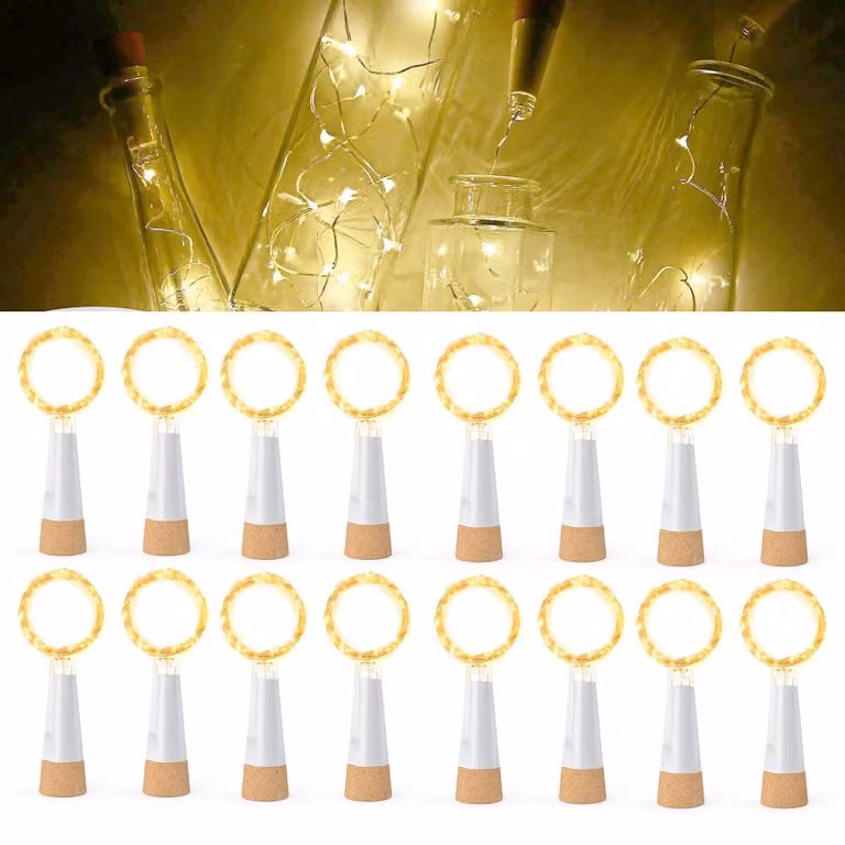Luci decorative a forma di bottiglia, con tappo di sughero, 20 LED bianco caldo, 2 metri di lunghezza, ricaricabili tramite USB, confezione da 16 pezzi