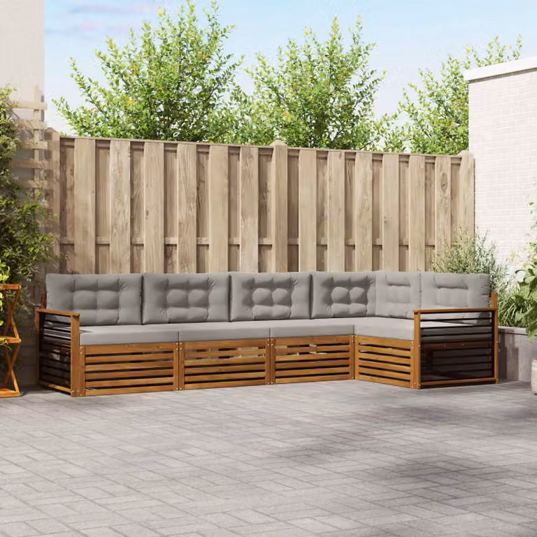 Set di divani da esterno vidaXL a forma di L con struttura in legno di acacia e cuscini inclusi, colore grigio e marrone