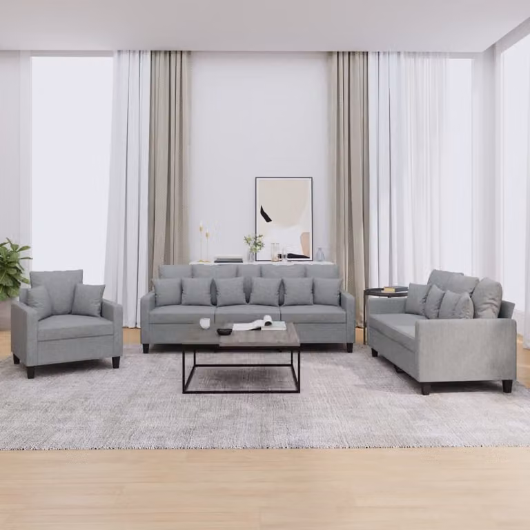Set di divani 3 pezzi vidaXL in tessuto grigio con cuscini per soggiorno moderno