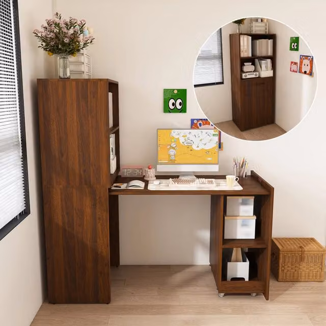 Scrivania estraibile Mivray con mobile contenitore e ruote, colore marrone