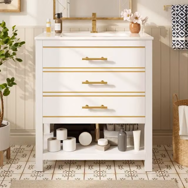Mobile bagno REDOM moderno bianco e oro con vano aperto e finitura lucida, Larghezza: 76 cm
