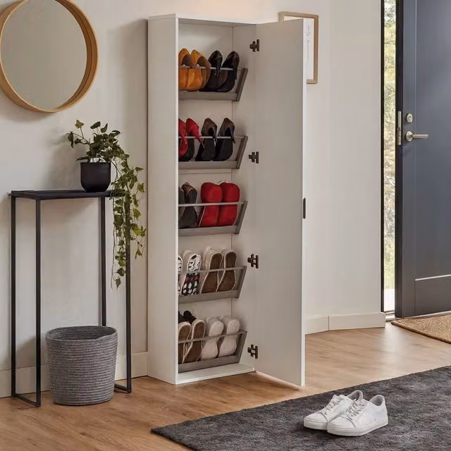 Scarpiera a muro DMORA con specchio, colore bianco opaco, L: 50 cm, P: 18 cm, H: 178 cm