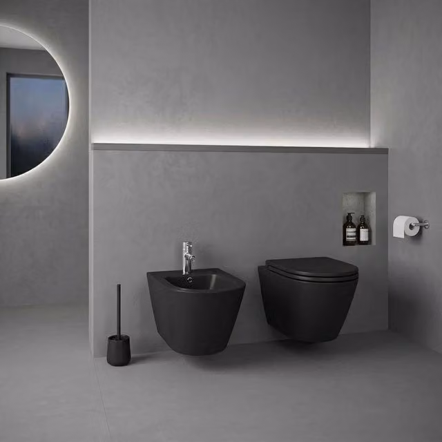 Set di sanitari sospesi Rak Ceramics FEELING in ceramica nero opaco con vaso, bidet e copriwater soft-close