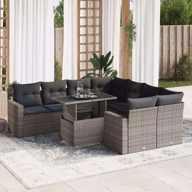 Set Divano da Giardino vidaXL 9 pz a forma di U in Polyrattan Grigio con Cuscini e Tavolino da Caffè