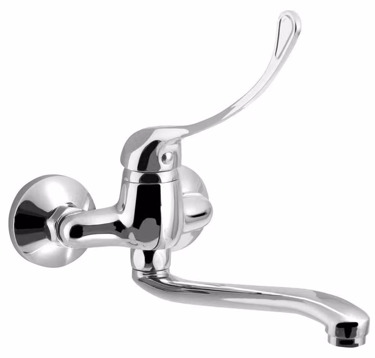 AQUALINE 35 rubinetto a parete con distanza di 100 mm, leva medica, gancio rialzato, 220 mm, cromo