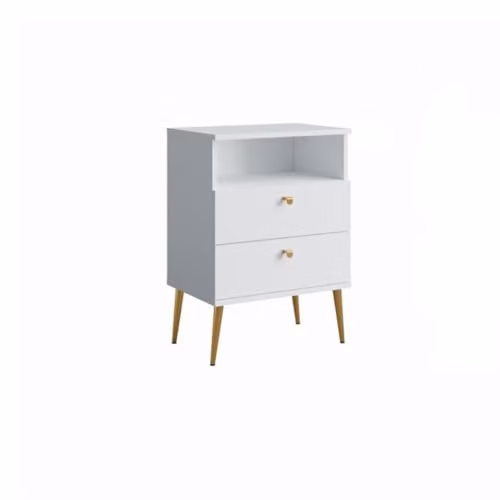 Comodino con 2 Cassetti e Vanetto - Bianco Alpino e Piedi in Metallo Dorato - Collezione Aurora