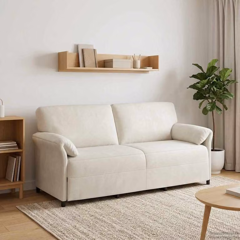 Divano 3 posti moderno vidaXL in velluto beige con cuscini decorativi L: 198 cm, P: 83 cm, H: 95 cm