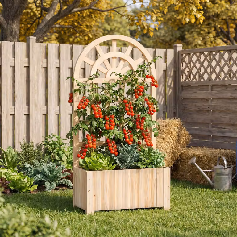 Letto da giardino rialzato in legno Costway con traliccio per piante rampicanti, vaso da esterno marrone per fiori, verdure ed erbe aromatiche