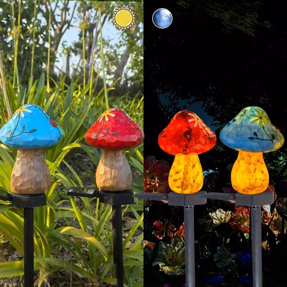 Set di 2 lampade da giardino a energia solare a forma di fungo, rosse/blu, con LED, impermeabili
