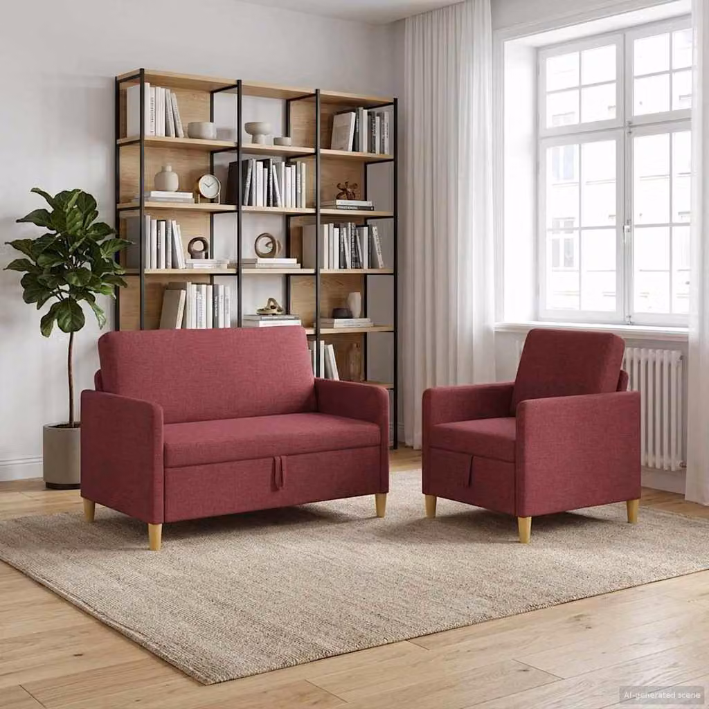 Set di 2 divani moderni vidaXL con contenitore, rivestimento in tessuto rosso e marrone con seduta a sollevamento