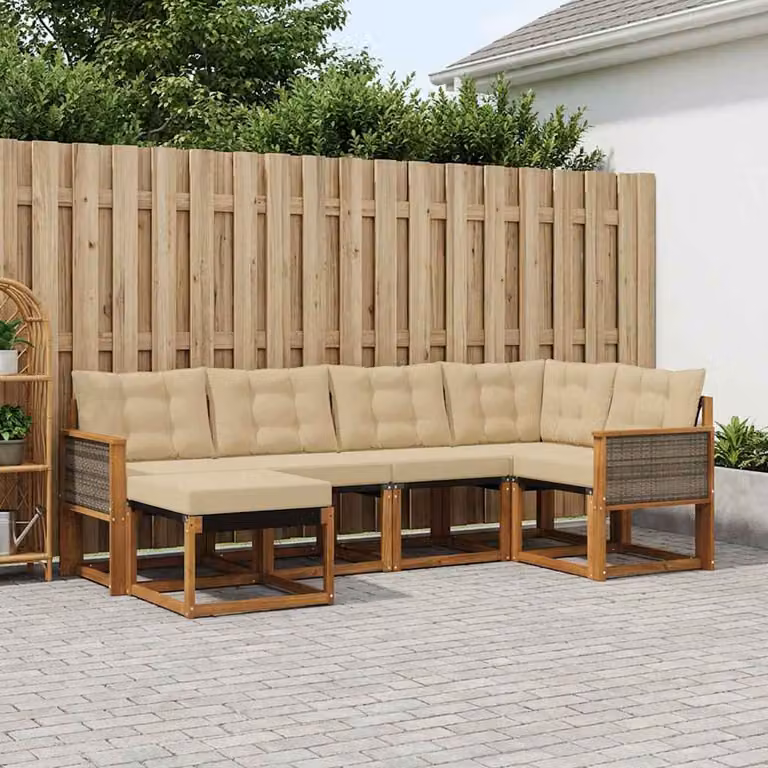 Set di divani da esterno vidaXL a forma di L composto da 6 pezzi in legno di acacia con cuscini beige e marrone per giardino e terrazza