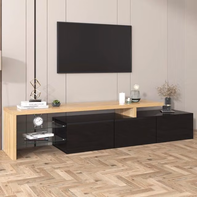 Mobile TV Mivray per soggiorno con 3 armadietti, vetro e illuminazione LED a 7 colori con controllo app, colore nero naturale, L: 197.5 cm, P: 39 cm, H: 42 cm