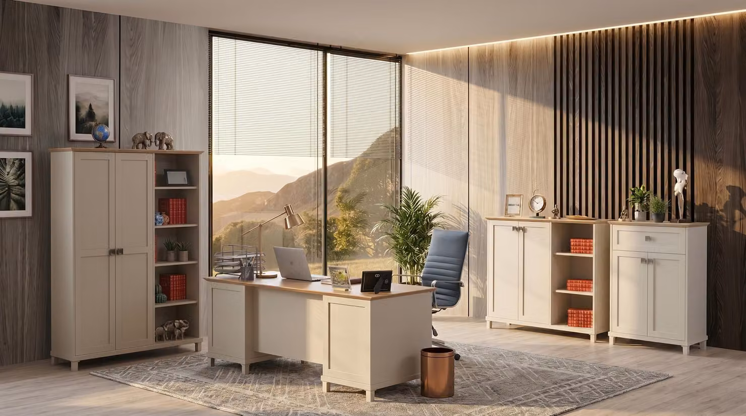 Set da ufficio beige: scrivania, due armadietti, libreria, stile moderno, ideale per uno studio